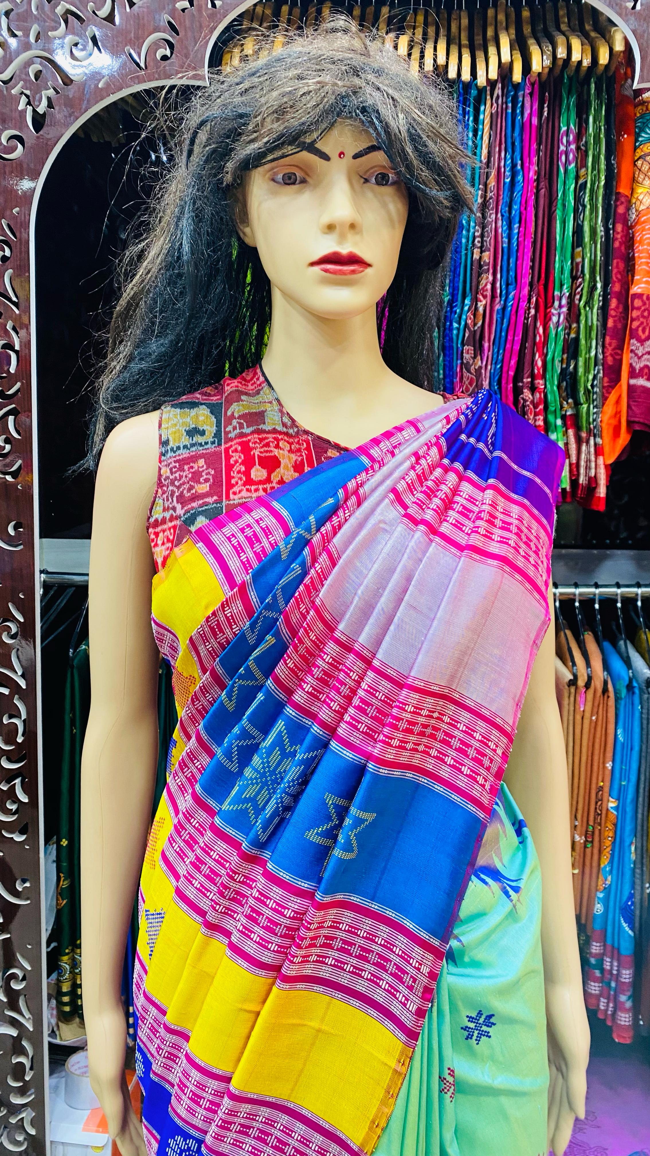 Aqua Blue Multi Colour Double Anchal Berhampuri Silk Saree