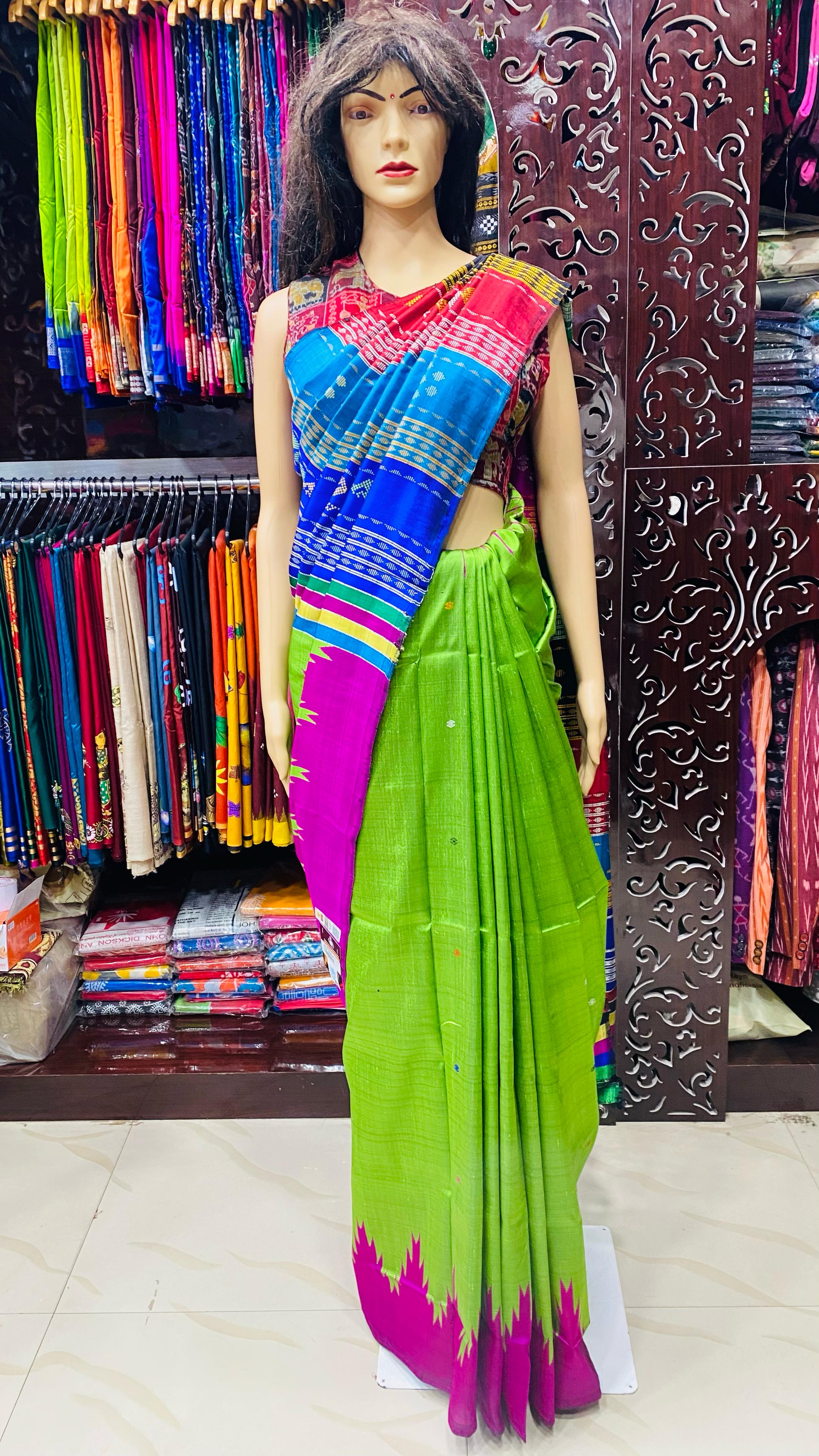 Green Purple Double Anchal Berhampuri Silk Saree