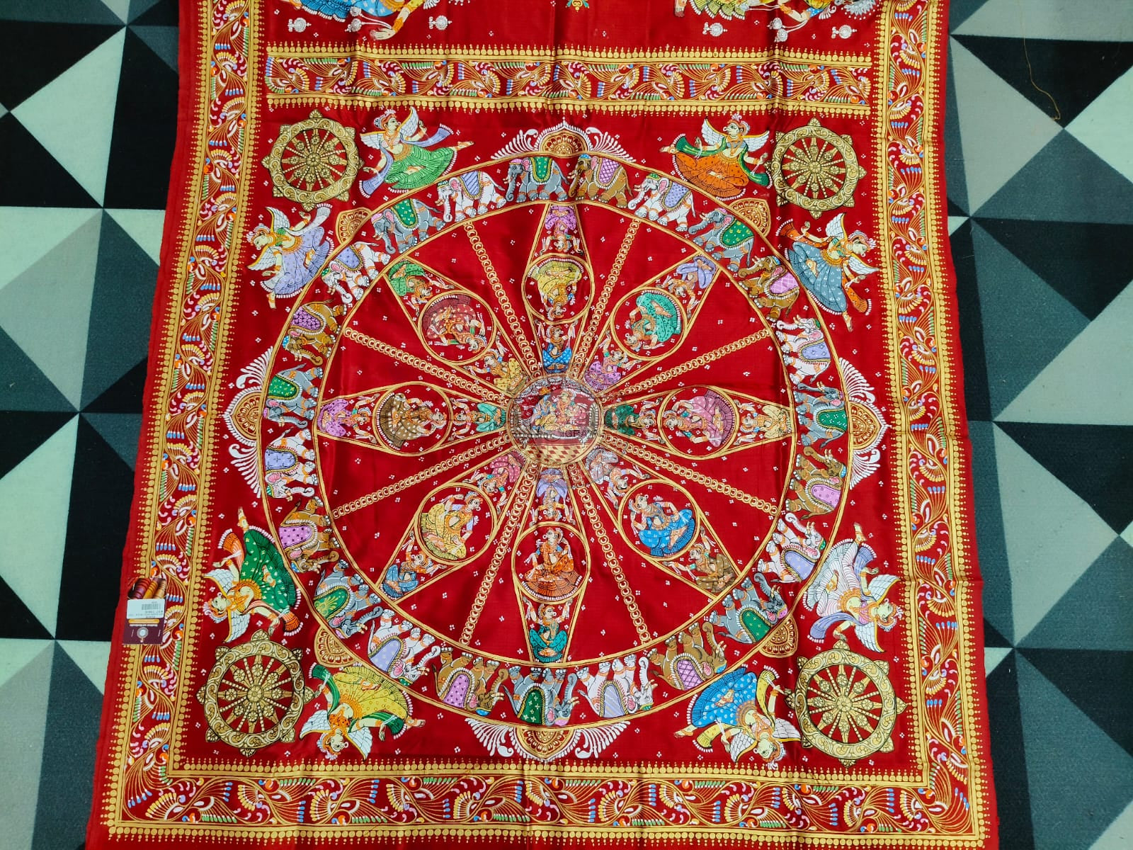 Red Full Body Konark Chakra Pattachitra Silk Saree