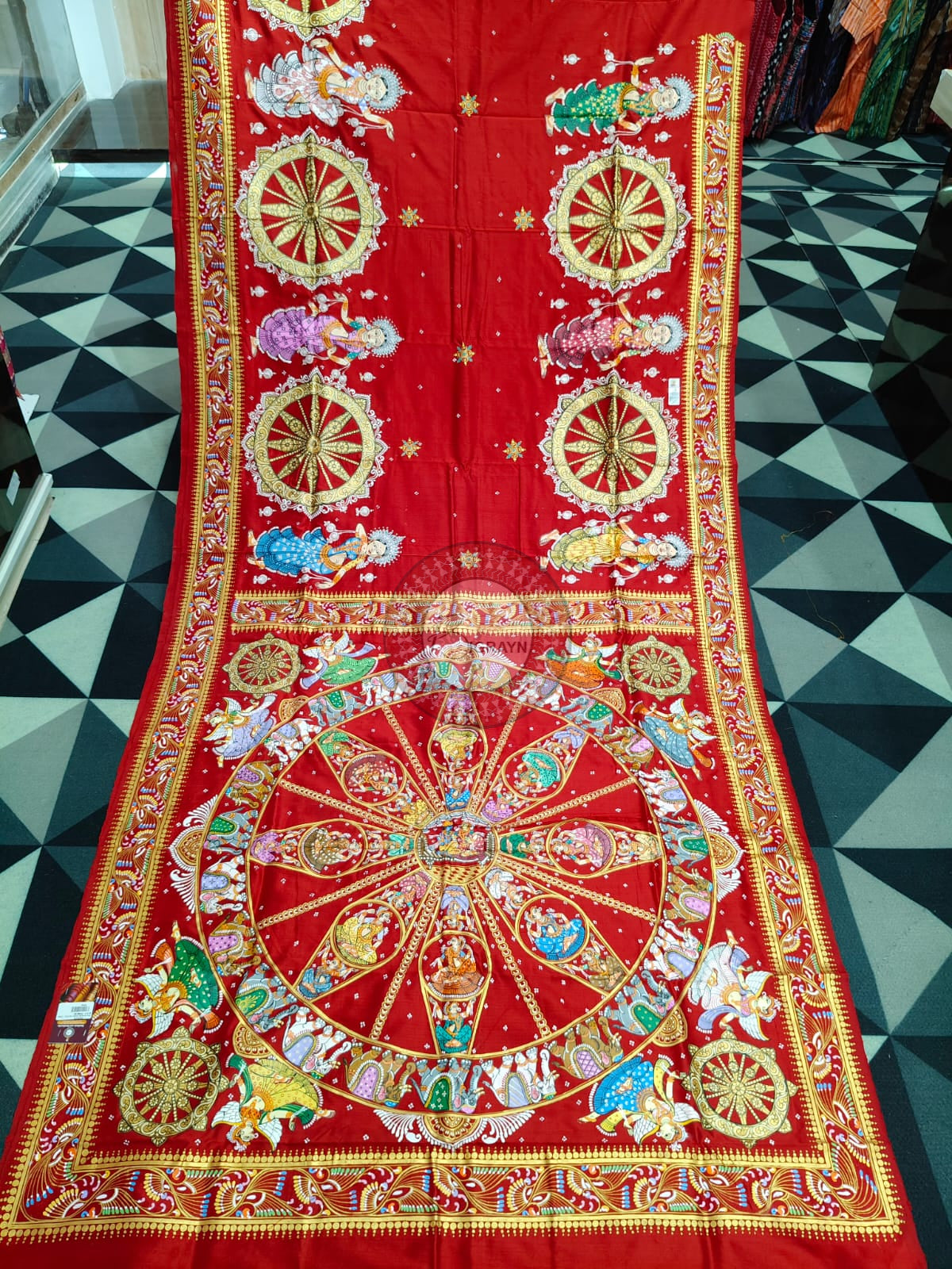 Red Full Body Konark Chakra Pattachitra Silk Saree