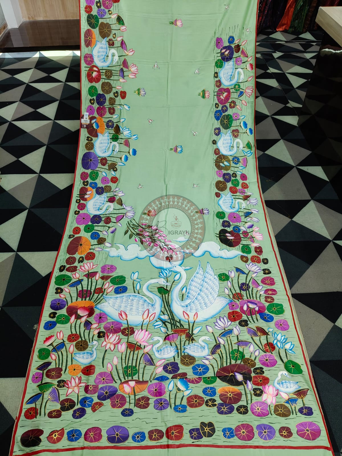 Pista Water Lily And Swan Theme Pattachitra Khadi Silk Saree