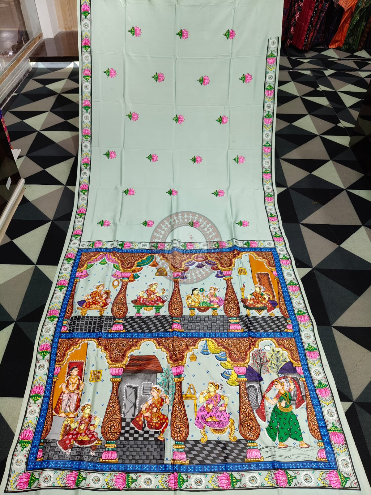 Aqua Sringara Theme Pattachitra Khadi Silk Saree