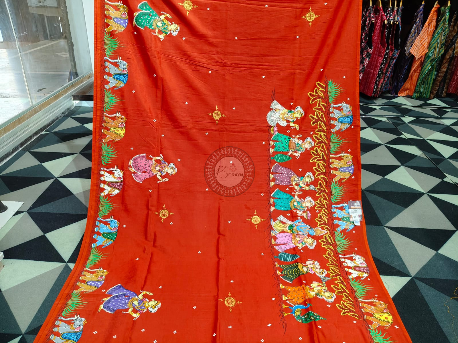 Red Radha Krishna Rasa Theme Pattachitra Khadi Silk Saree