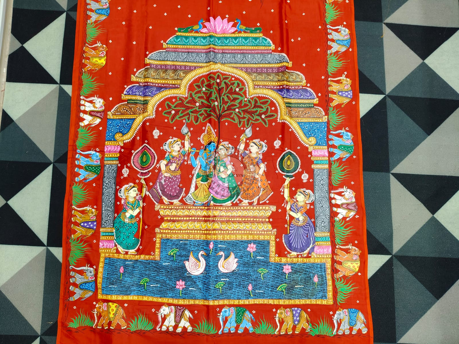 Red Radha Krishna Rasa Theme Pattachitra Khadi Silk Saree
