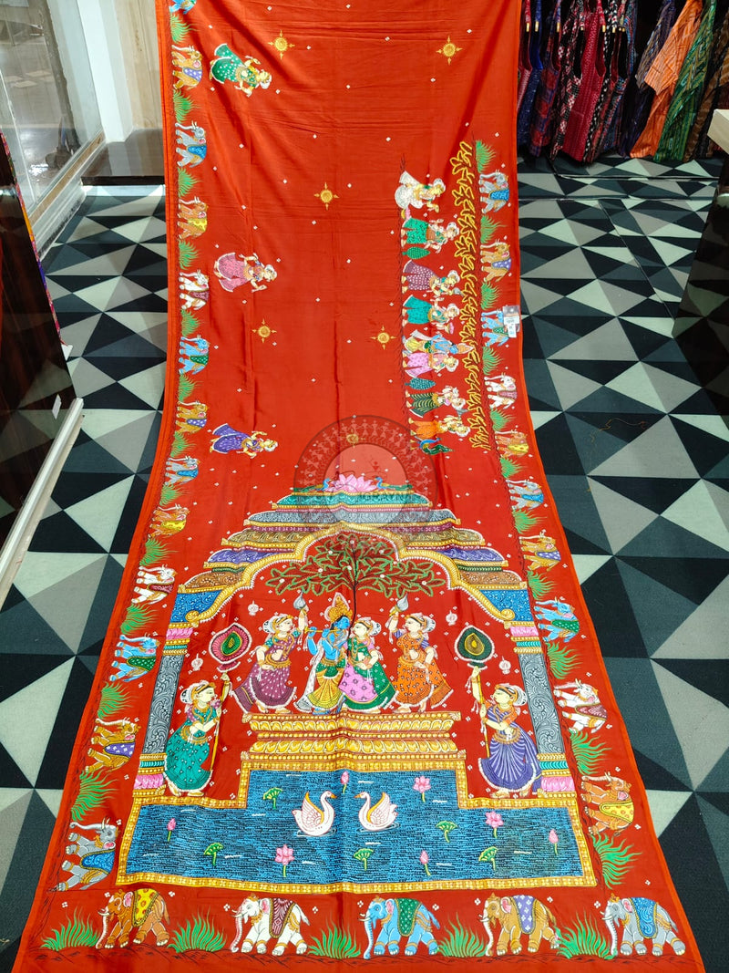Red Radha Krishna Rasa Theme Pattachitra Khadi Silk Saree