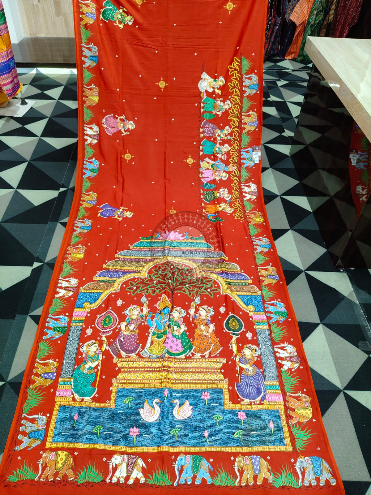 Red Radha Krishna Rasa Theme Pattachitra Khadi Silk Saree