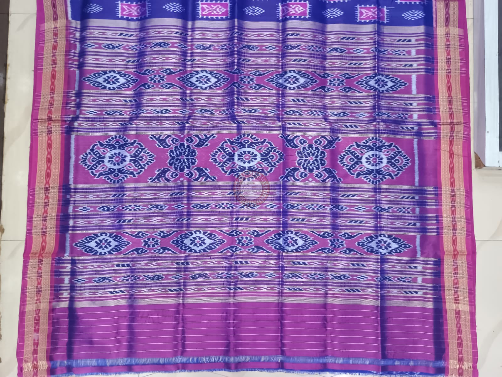 Blue Magenta Fish Design Khandua Silk Saree