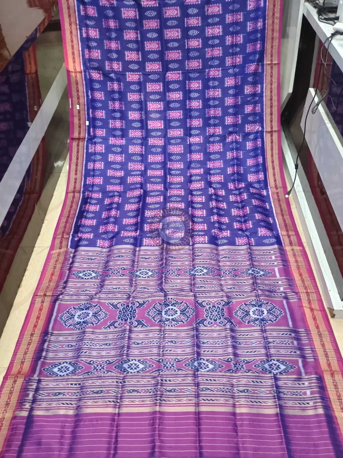 Blue Magenta Fish Design Khandua Silk Saree