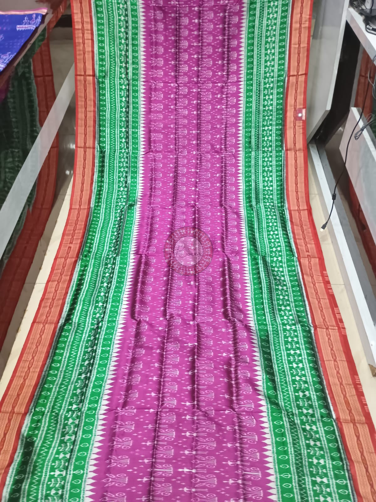 Green Magenta Red Half Half Tribal tree Design Khandua Silk Saree