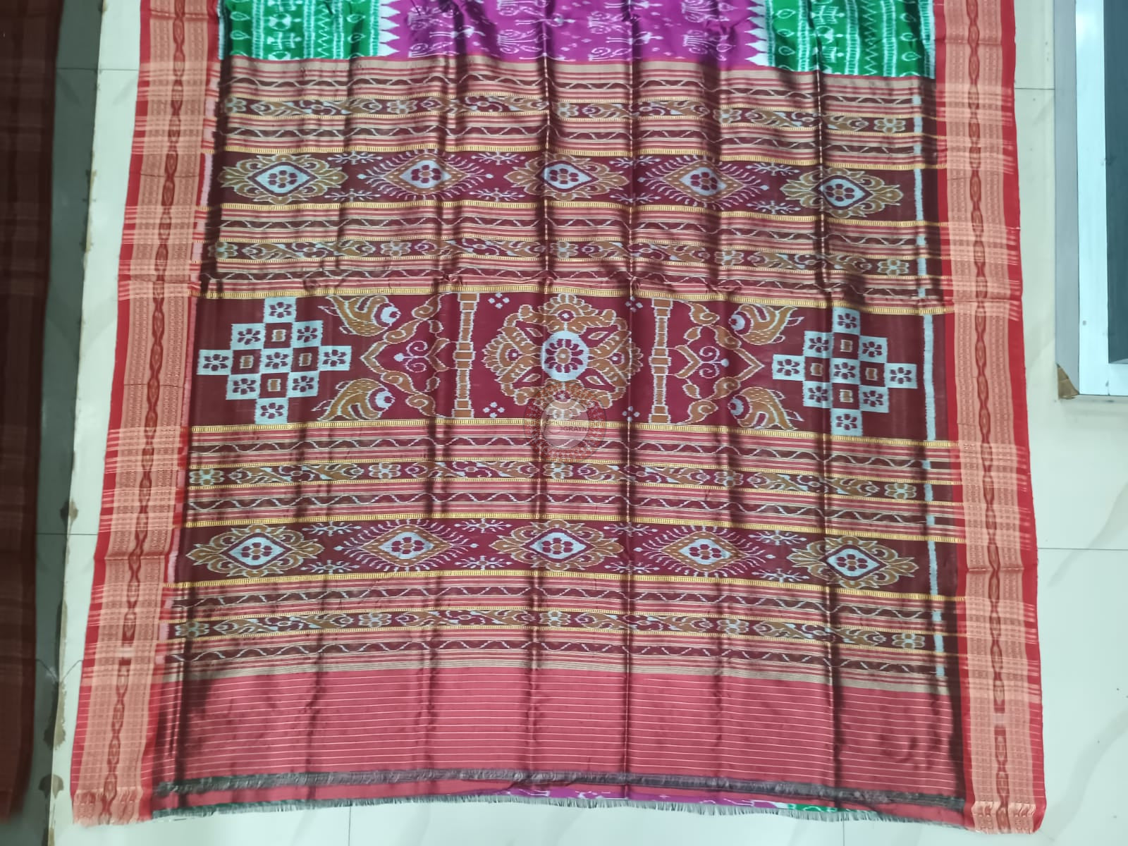 Green Magenta Red Half Half Tribal tree Design Khandua Silk Saree