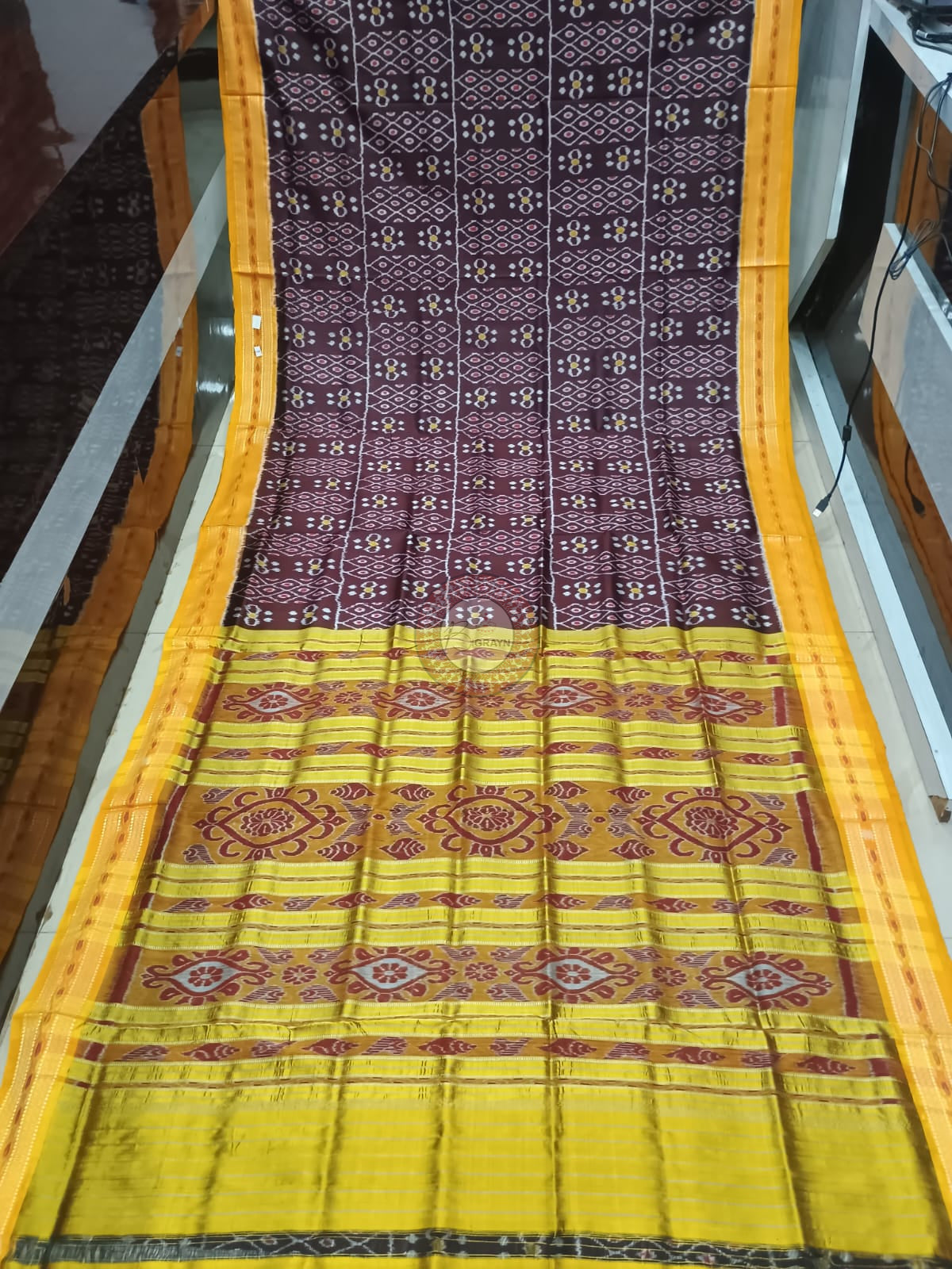 Coffee Yellow Jhoti Design Khandua Silk Saree