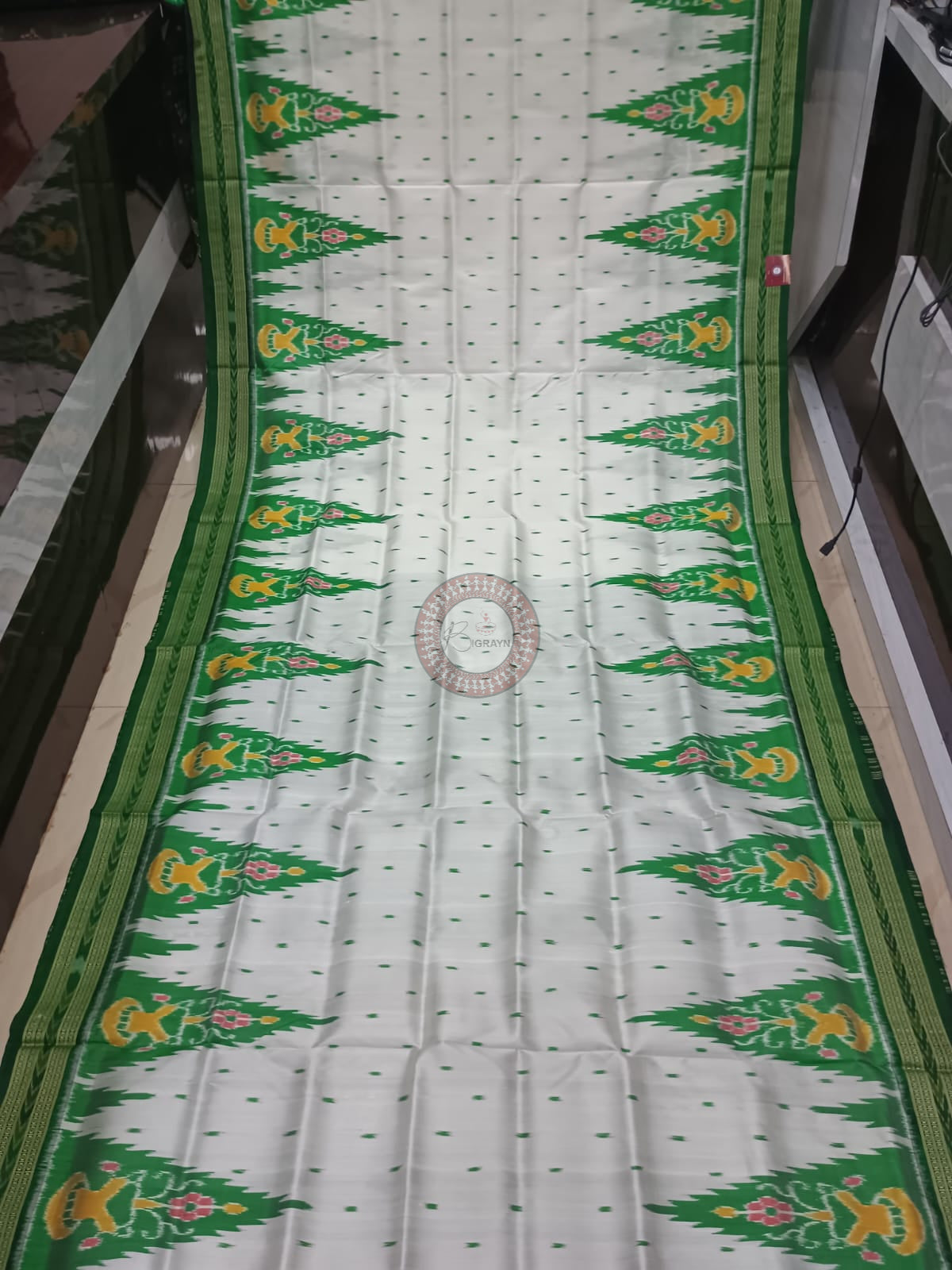 White Green Kumbha Design Khandua Silk Saree