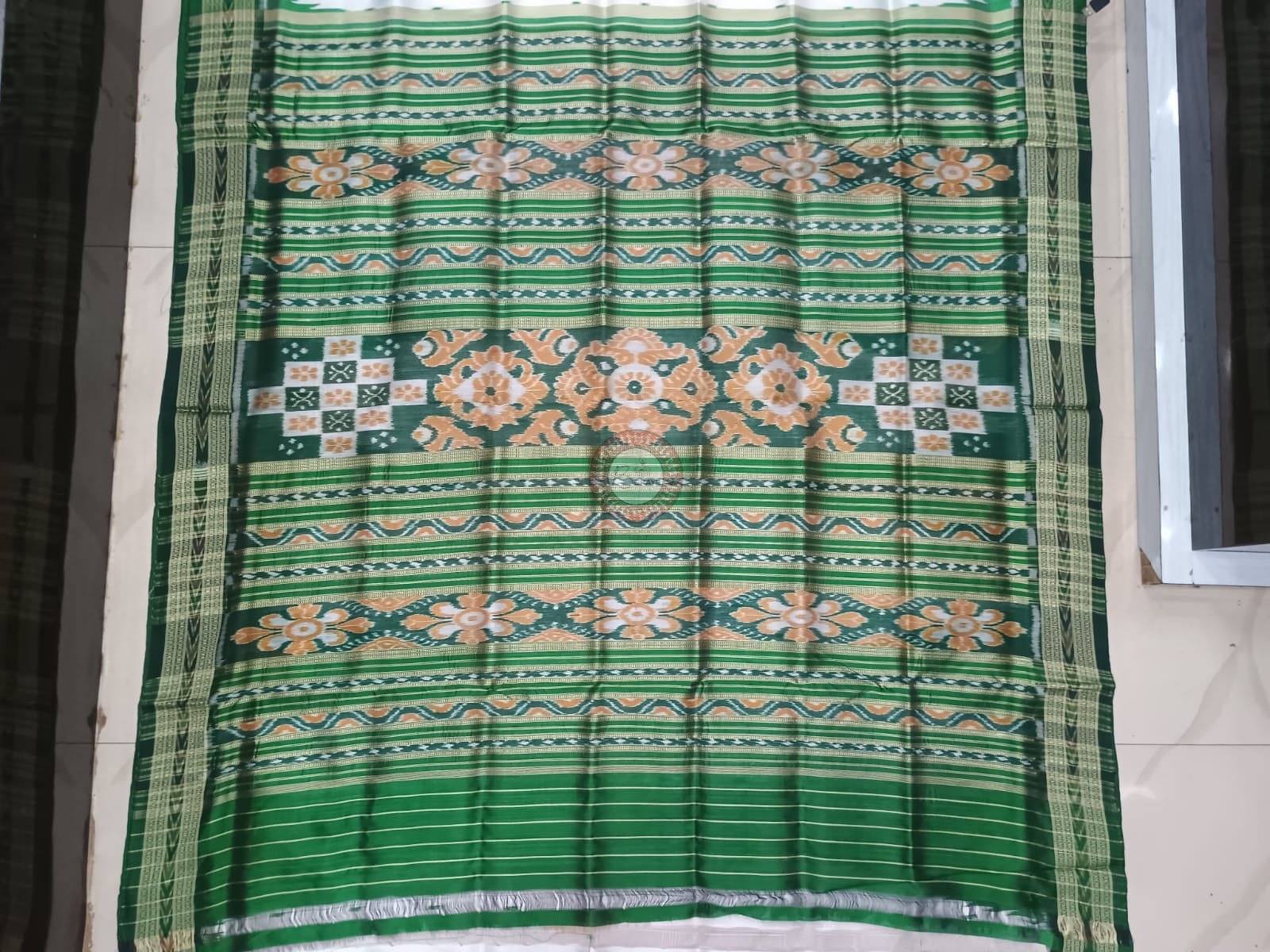 White Green Kumbha Design Khandua Silk Saree
