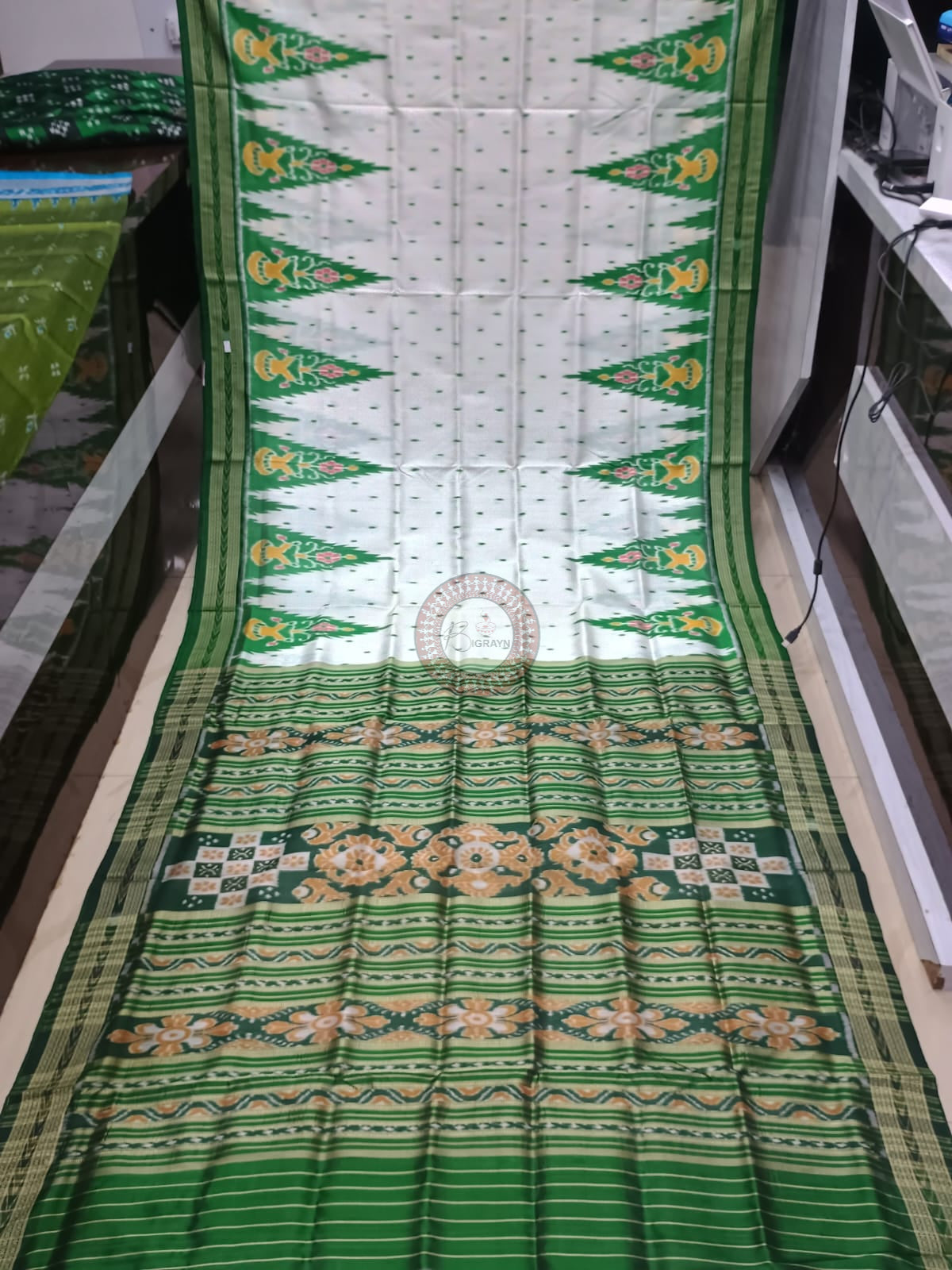 White Green Kumbha Design Khandua Silk Saree