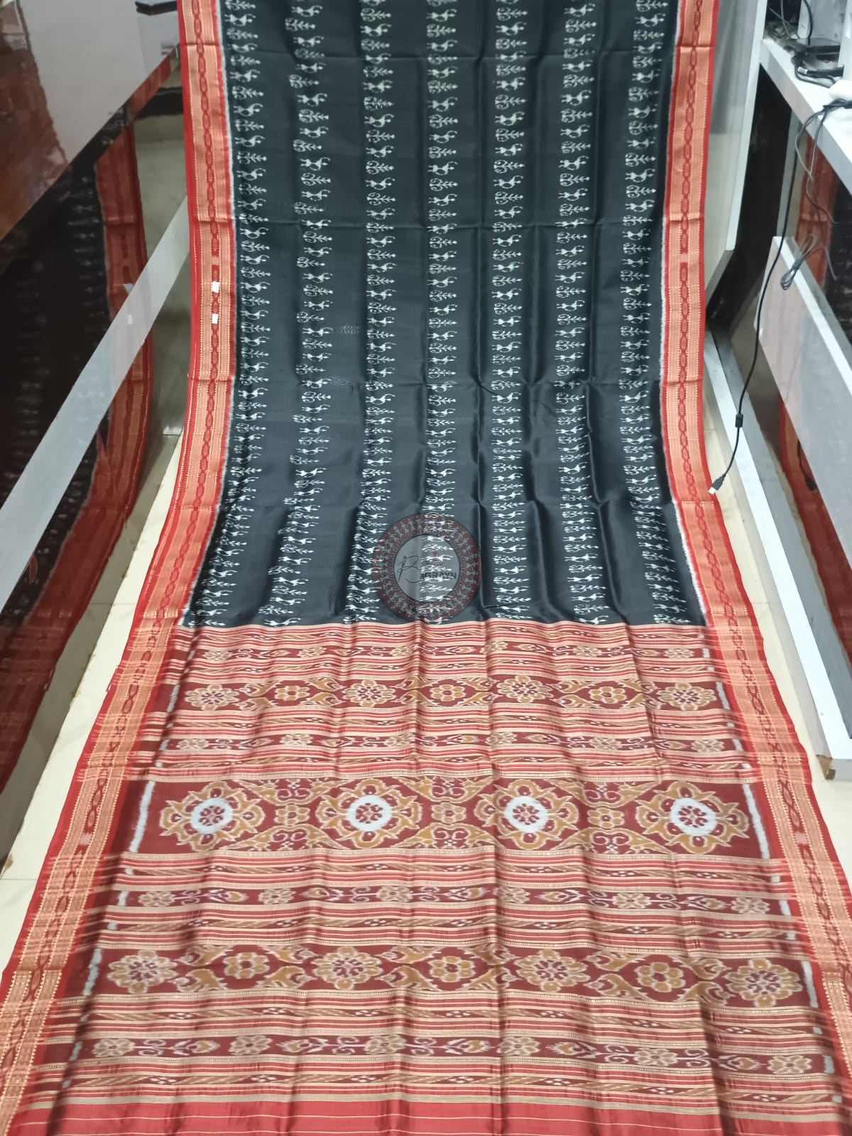 Black Maroon Tribal And Tree Design Khandua Silk Saree