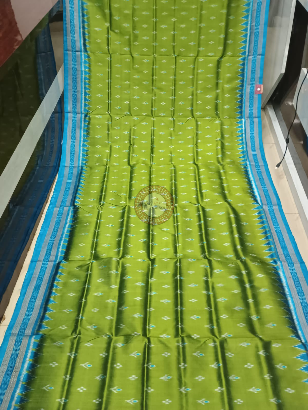 Parrot Green Copper Sulphate Mayur Chandrika Design Khandua Silk Saree