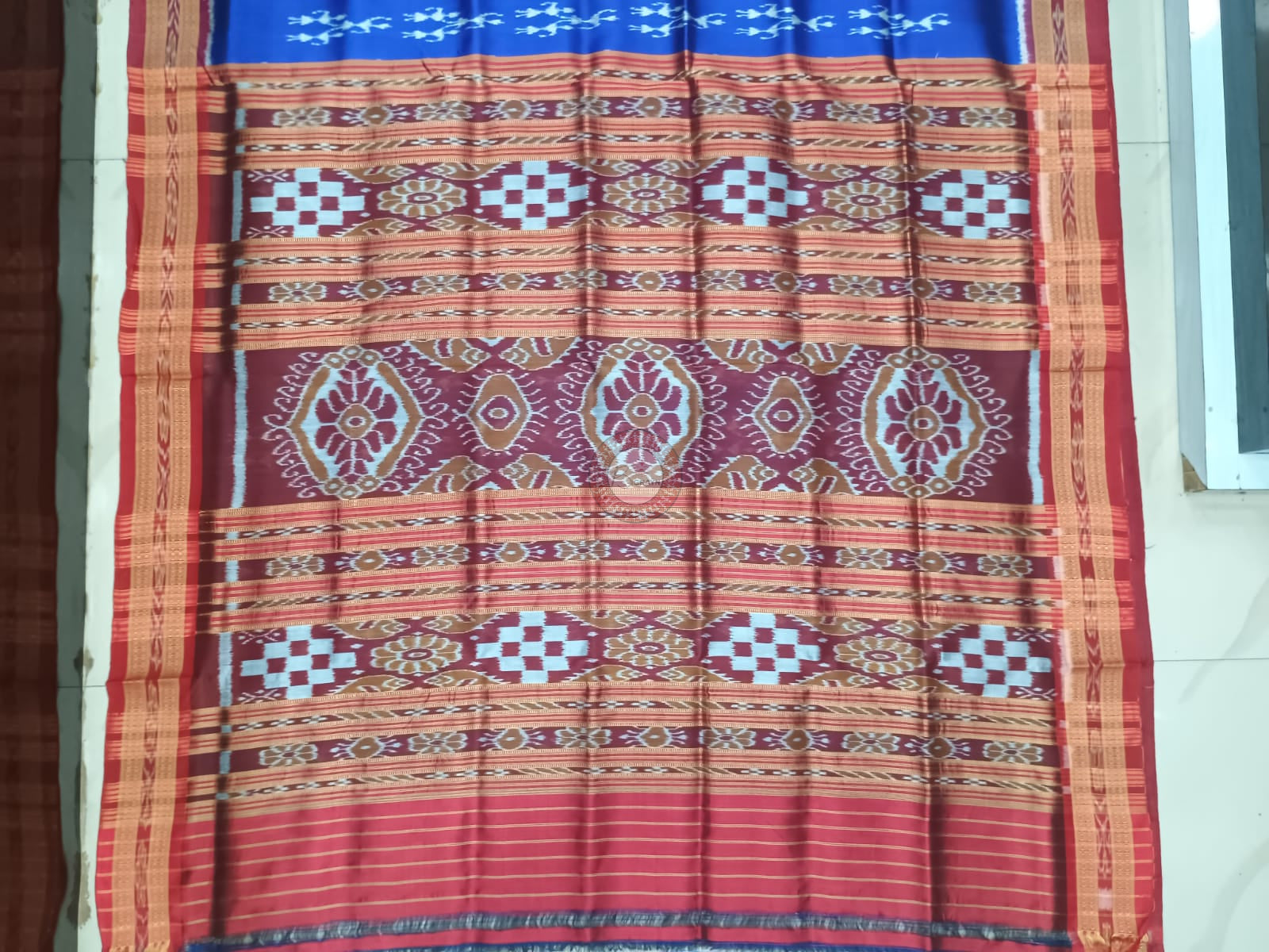Blue Maroon Tribal Design Khandua Silk Saree