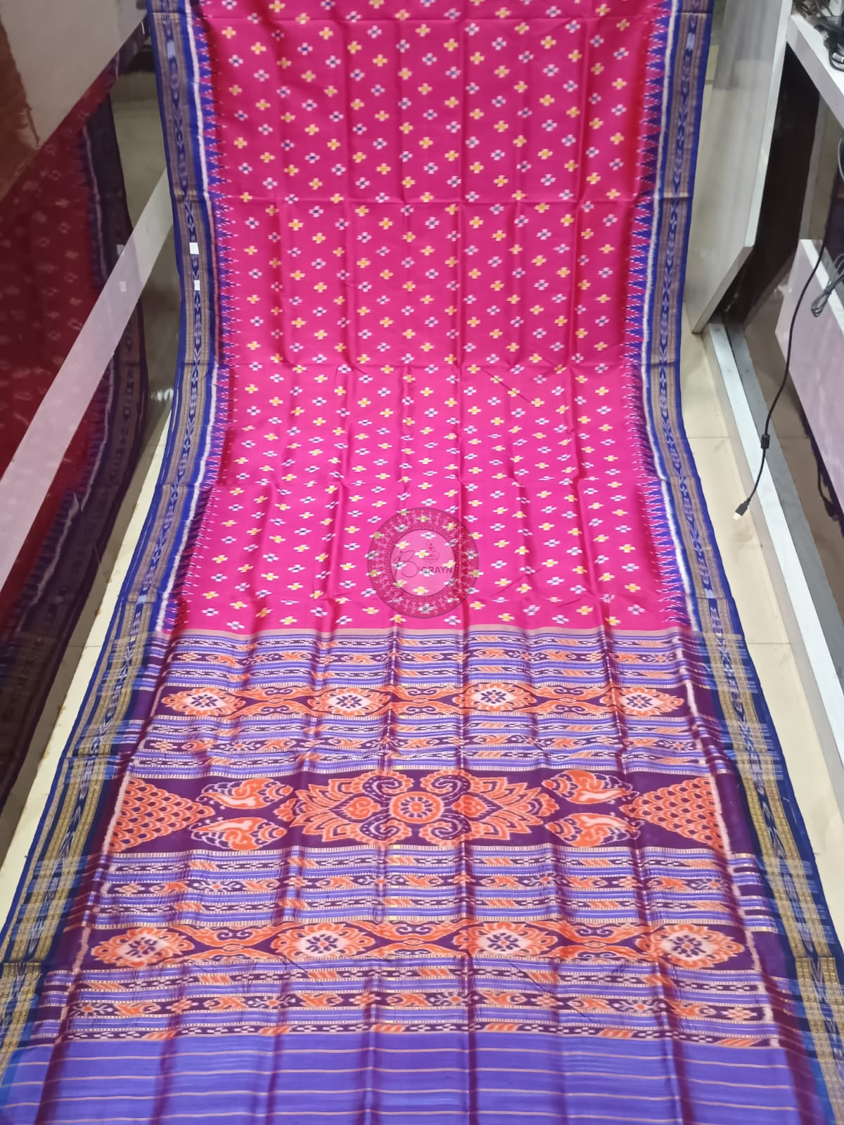 Pink Blue Cross Pasapali Design Khandua Silk Saree