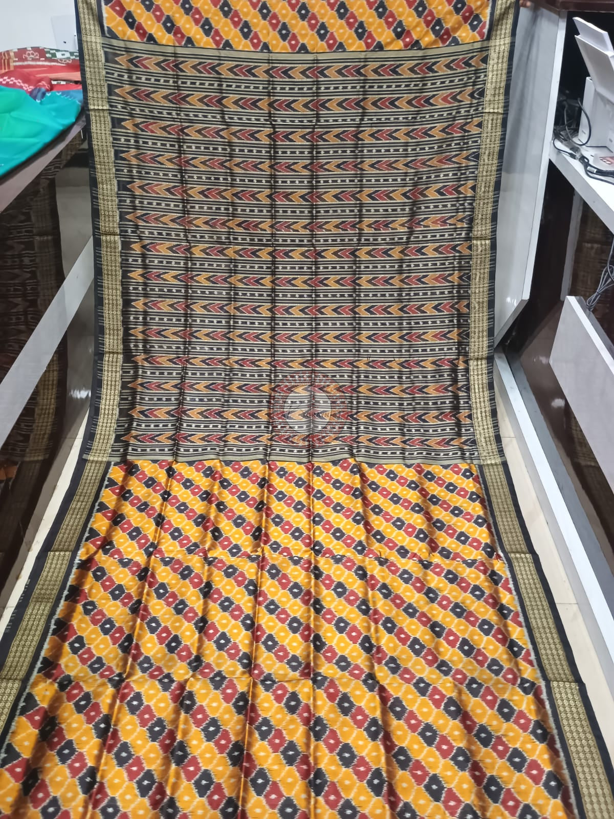 Golden Black Maroon Beehive Partly Design Mulberry Silk Saree