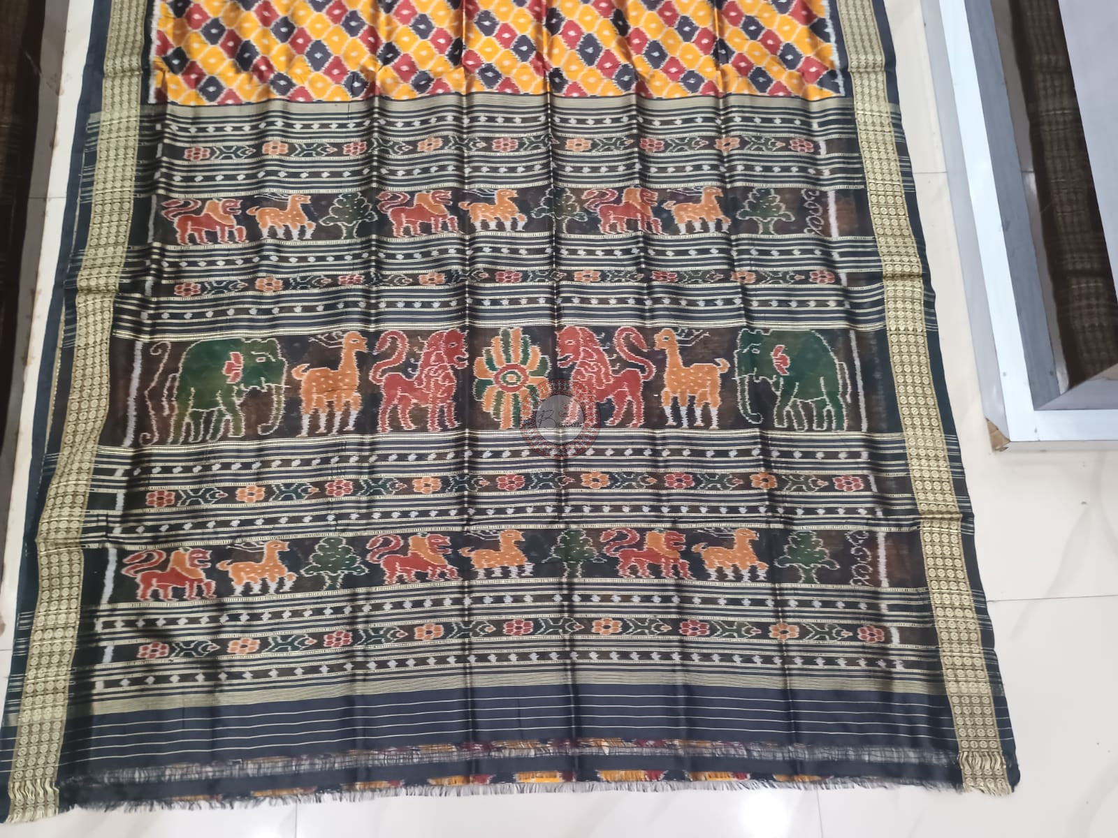 Golden Black Maroon Beehive Partly Design Mulberry Silk Saree