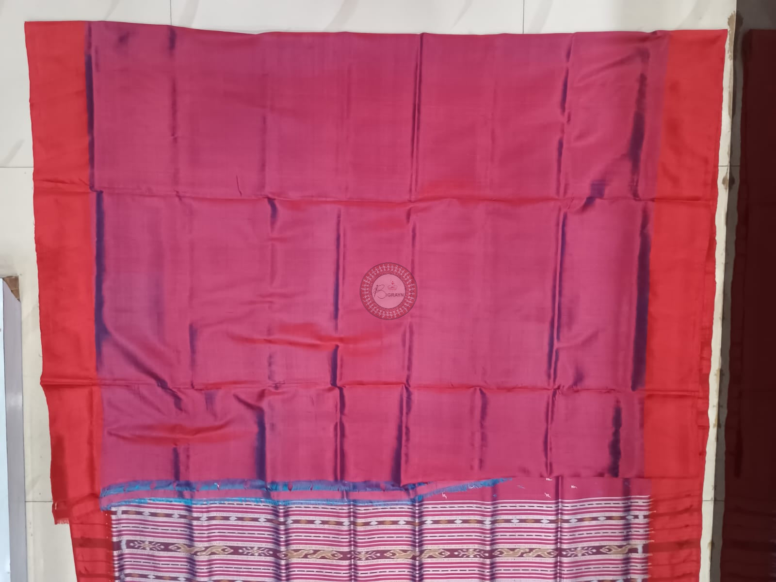 Sea Green Red Temple Design Mulberry Silk Saree