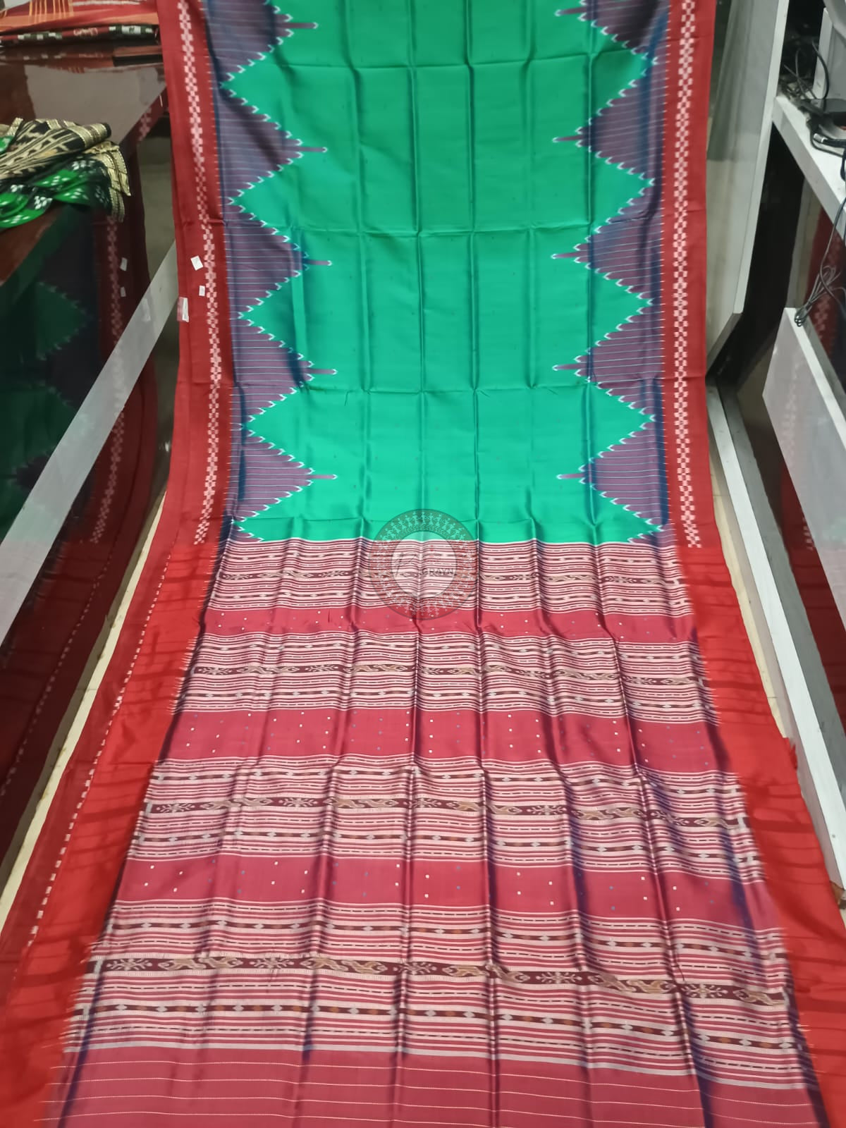 Sea Green Red Temple Design Mulberry Silk Saree