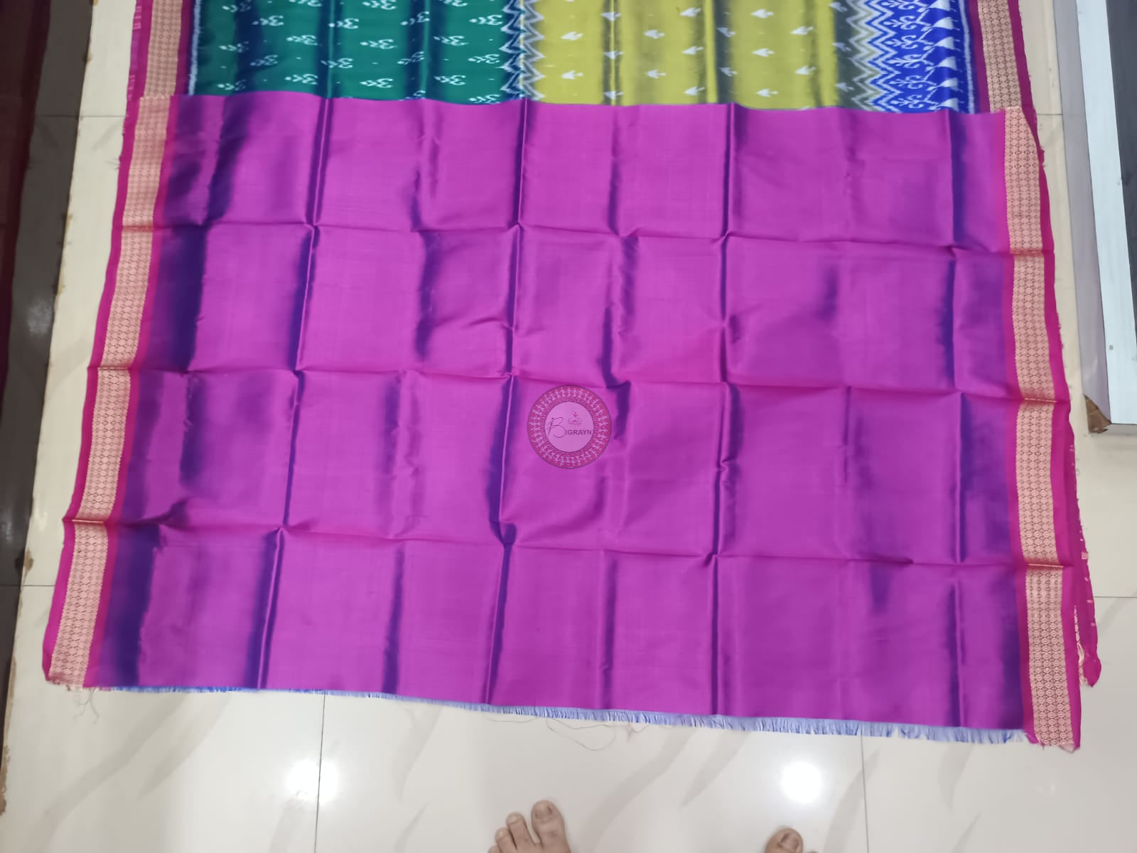 Green Yellow Half Half Tree Design Mulberry Silk Saree
