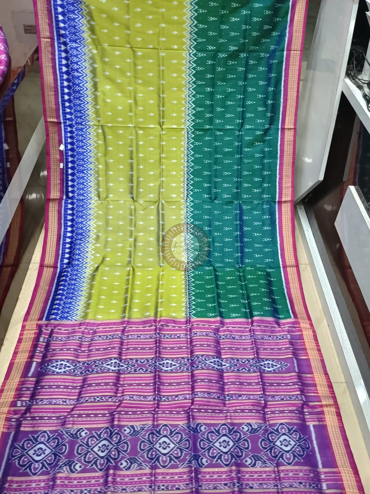 Green Yellow Half Half Tree Design Mulberry Silk Saree