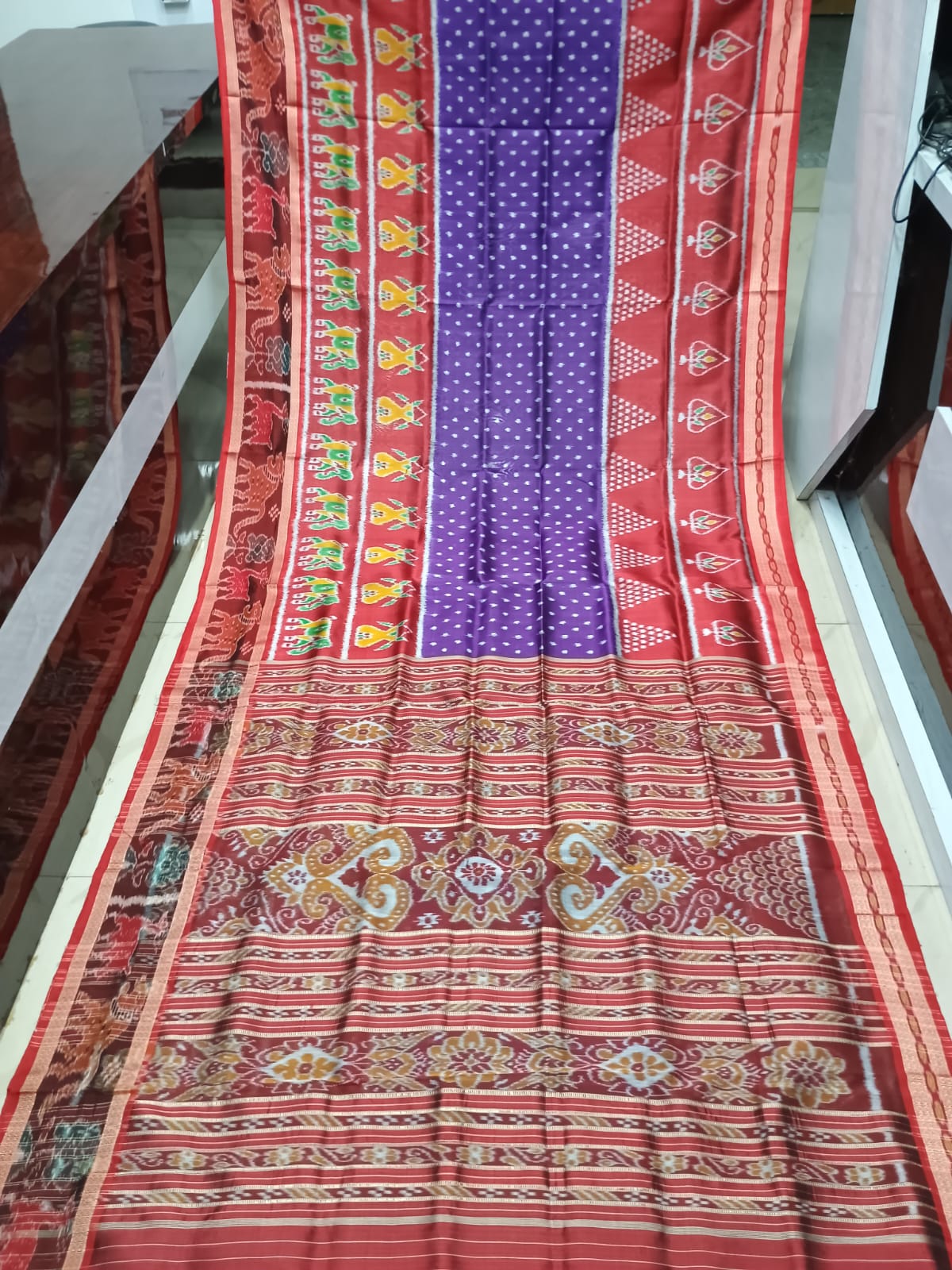 Purple Red Animal Scot Design Khandua Silk Saree
