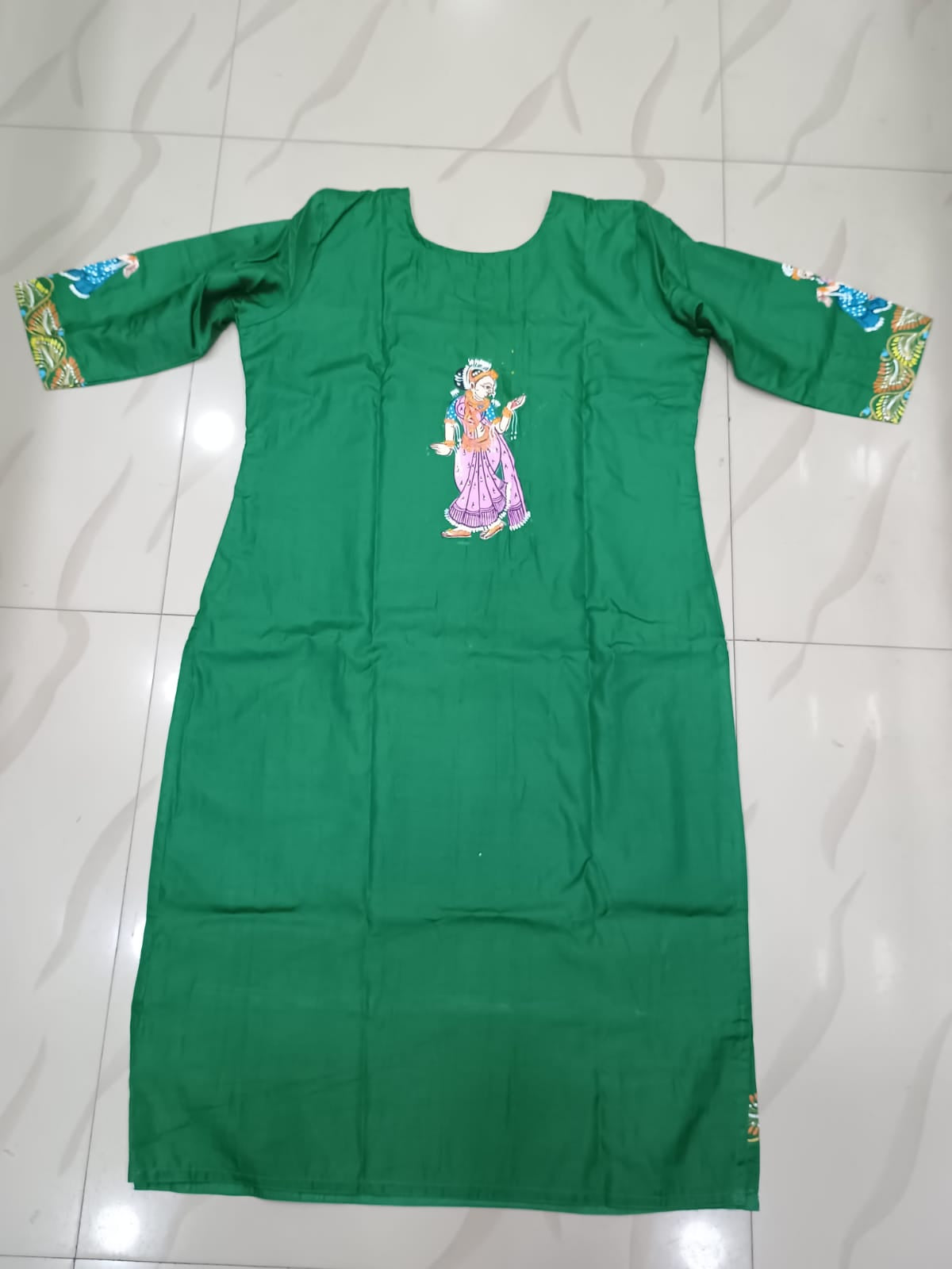 Green Radha Krishna Doli Theme Hand Painted Pattachitra Khadi Silk Kurti