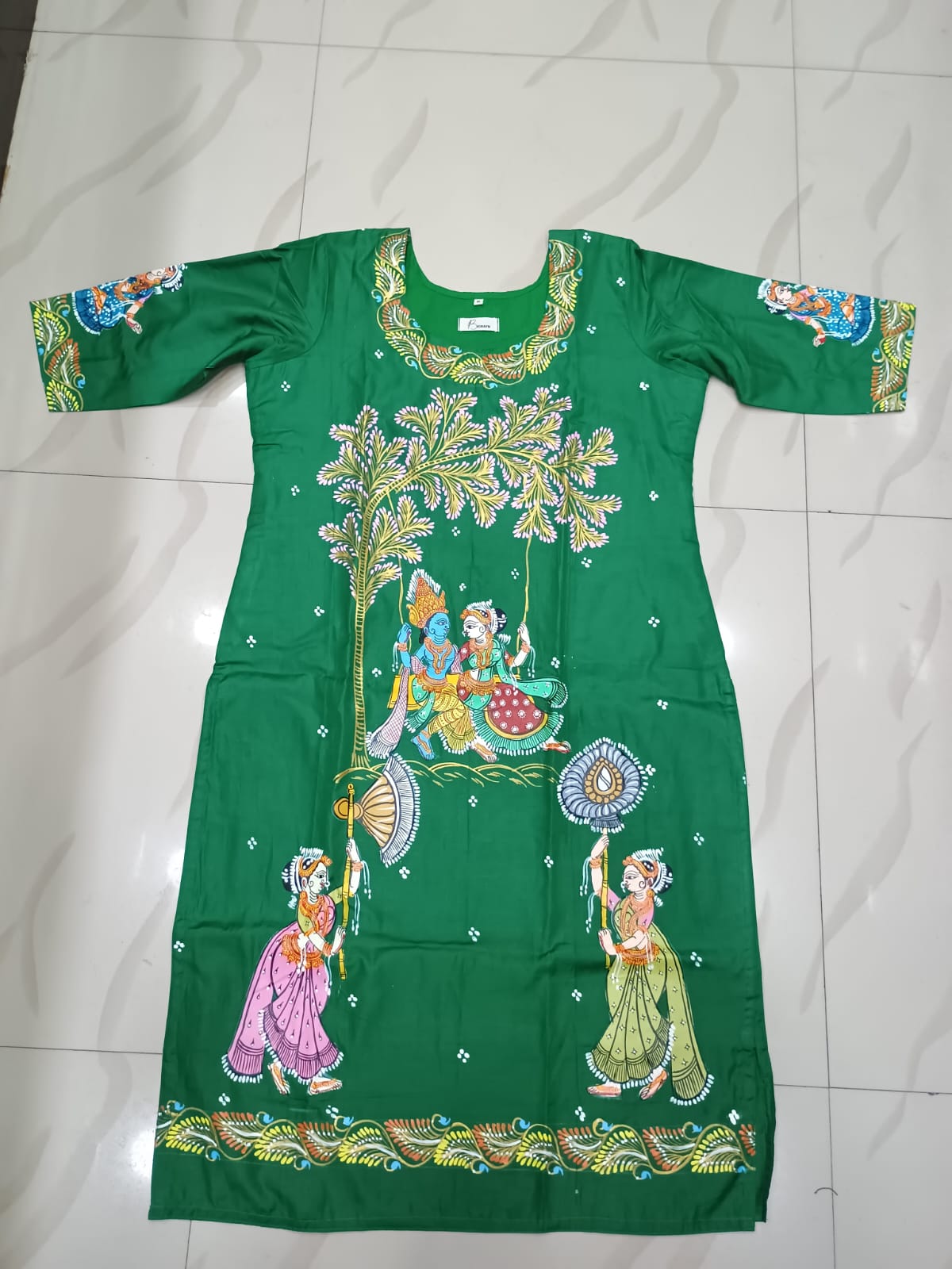 Green Radha Krishna Doli Theme Hand Painted Pattachitra Khadi Silk Kurti