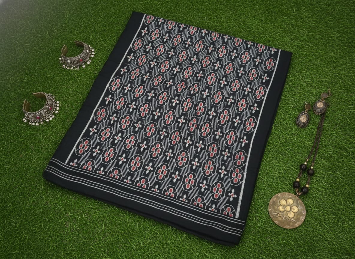 Black Maroon Flower Design Sambalpuri Fabrics