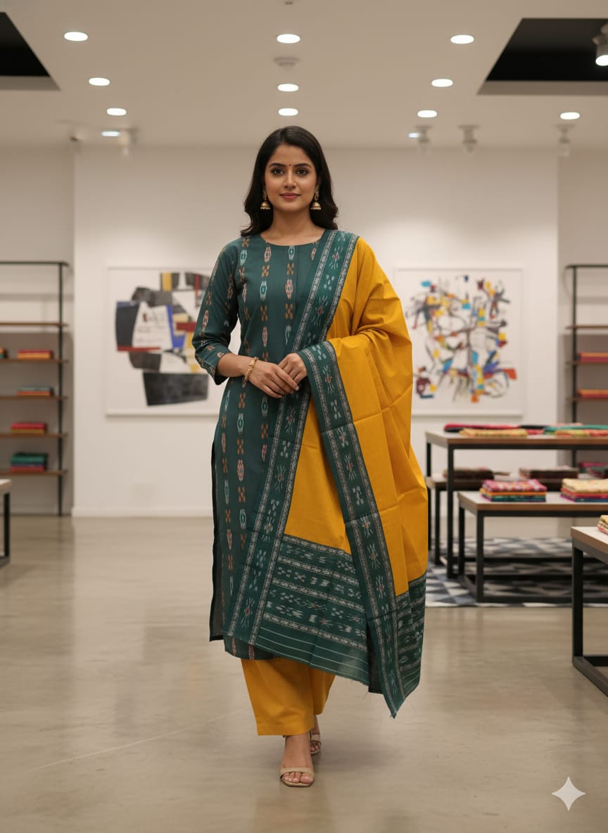 Green Yellow Handwoven Odisha Ikat Unstitched Dress Material Set (Top 2.5m, Bottom 2m, Dupatta 2.5m)