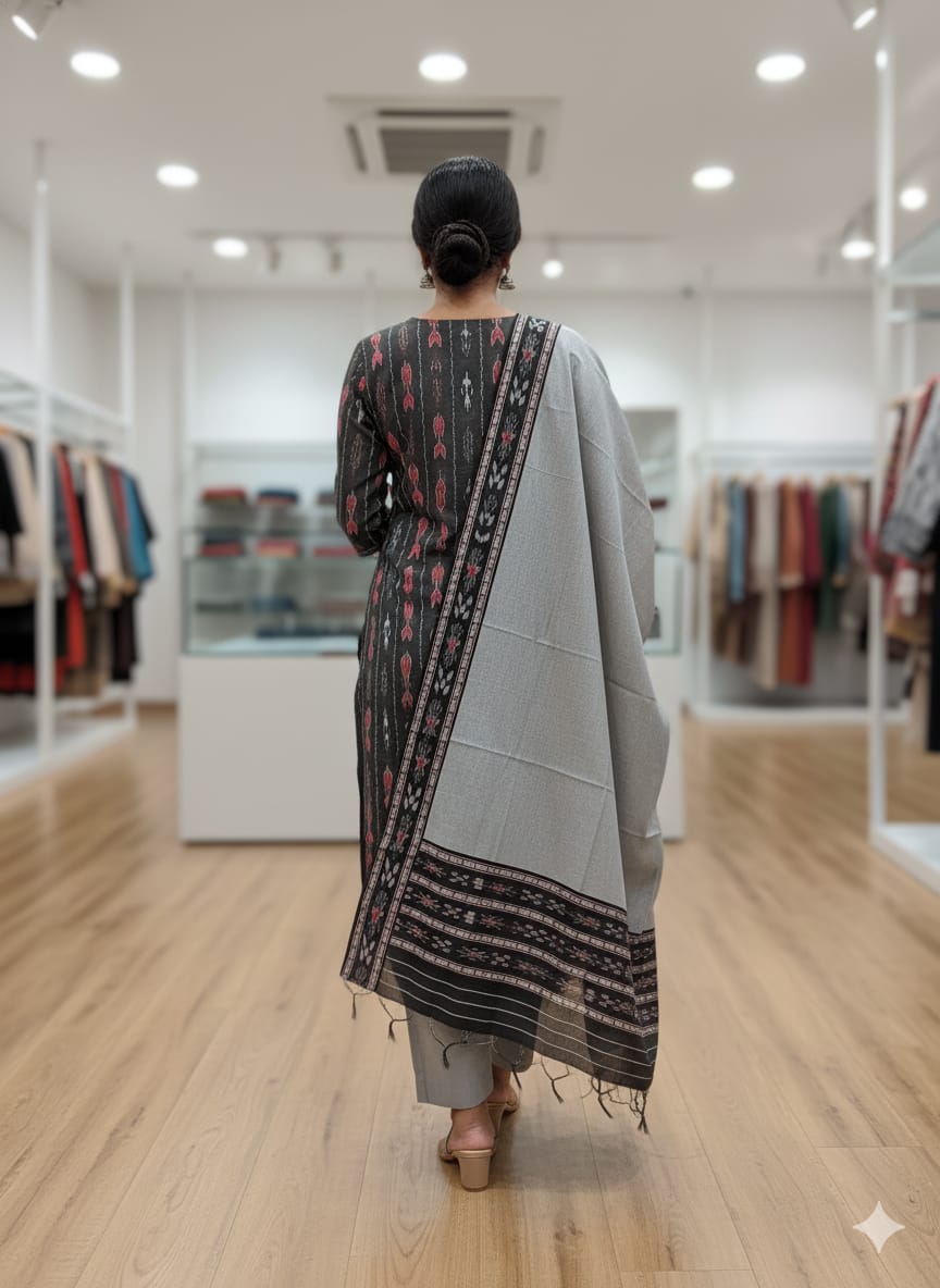 Black Grey Handwoven Odisha Ikat Unstitched Dress Material Set (Top 2.5m, Bottom 2m, Dupatta 2.5m)