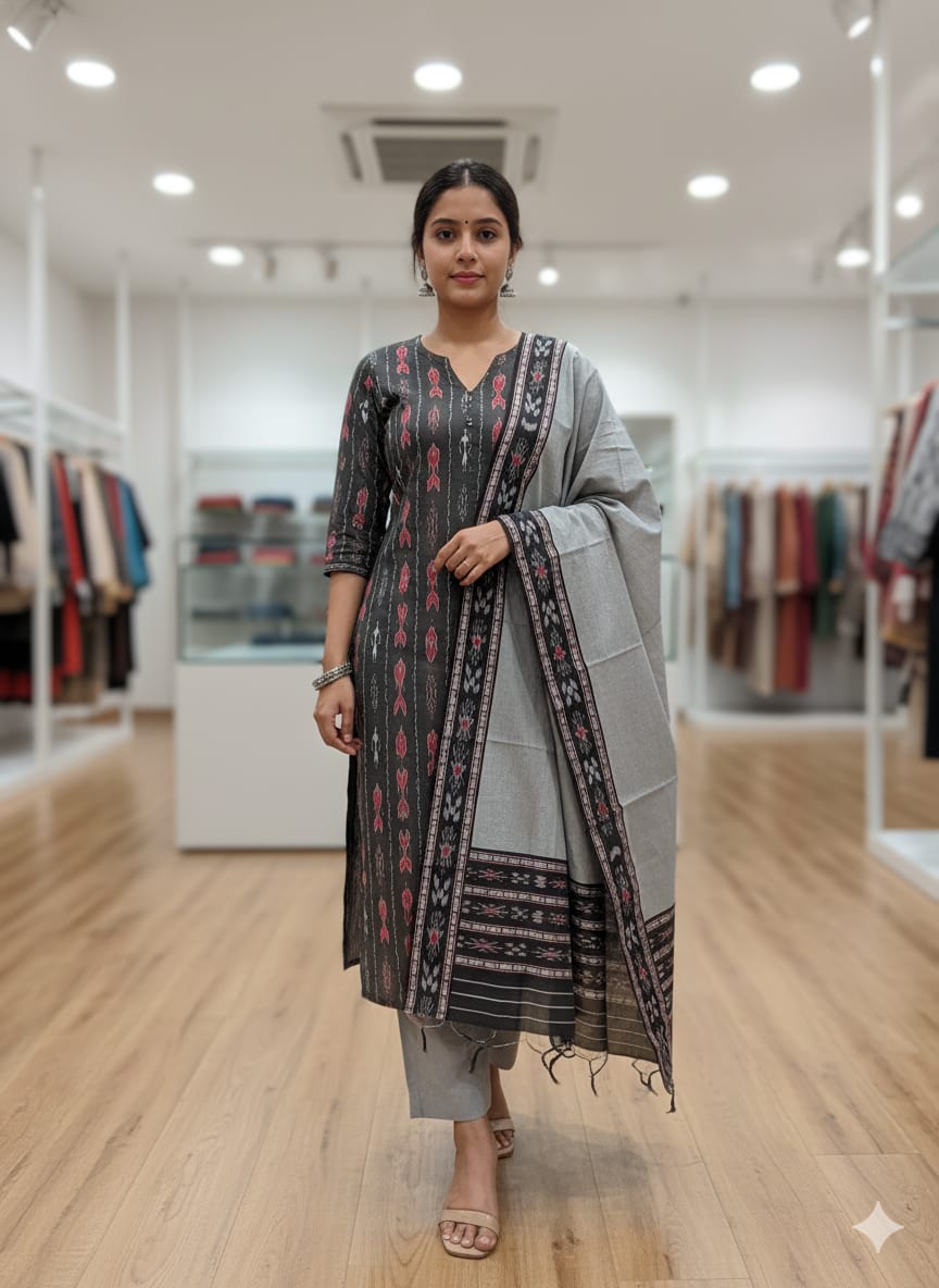 Black Grey Handwoven Odisha Ikat Unstitched Dress Material Set (Top 2.5m, Bottom 2m, Dupatta 2.5m)