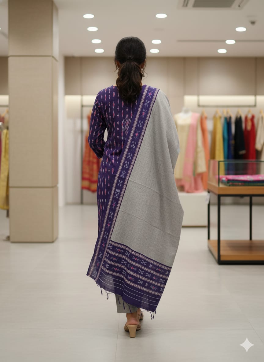 Blue Grey Handwoven Odisha Ikat Unstitched Dress Material Set (Top 2.5m, Bottom 2m, Dupatta 2.5m)