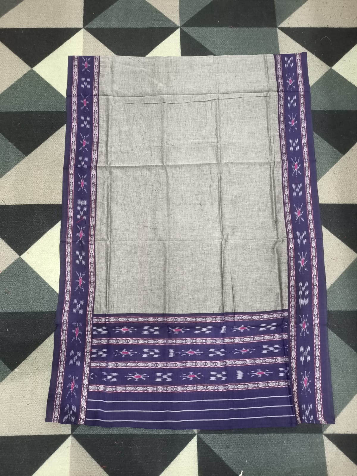 Blue Grey Handwoven Odisha Ikat Unstitched Dress Material Set (Top 2.5m, Bottom 2m, Dupatta 2.5m)