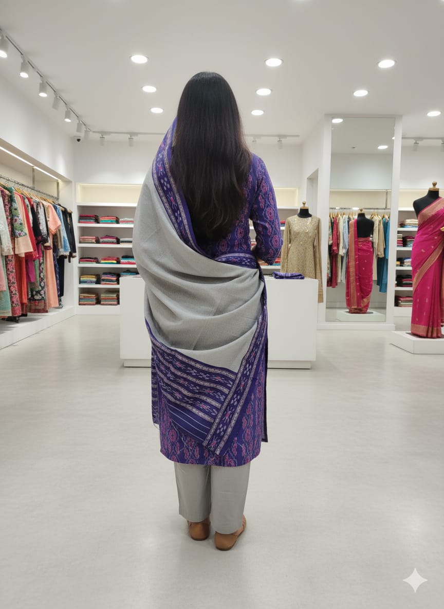 Blue Grey Handwoven Odisha Ikat Unstitched Dress Material Set (Top 2.5m, Bottom 2m, Dupatta 2.5m)