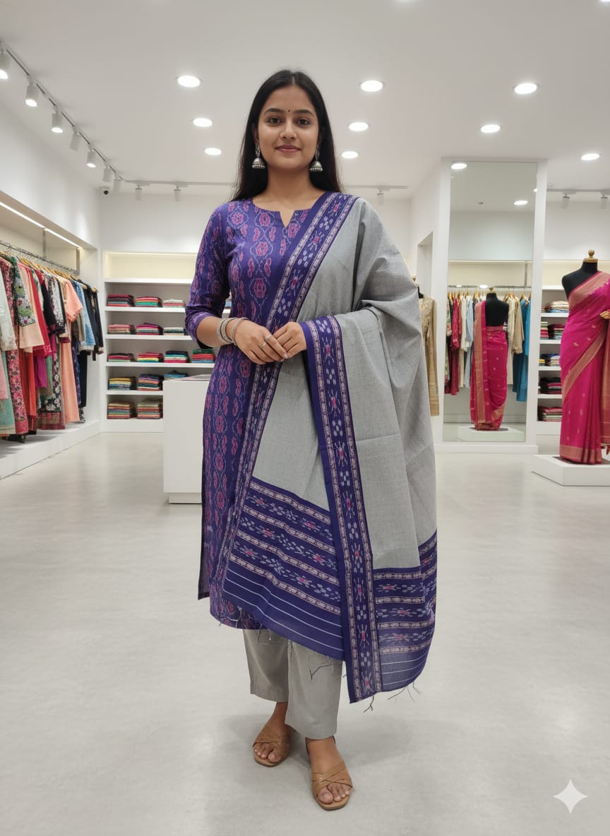 Blue Grey Handwoven Odisha Ikat Unstitched Dress Material Set (Top 2.5m, Bottom 2m, Dupatta 2.5m)