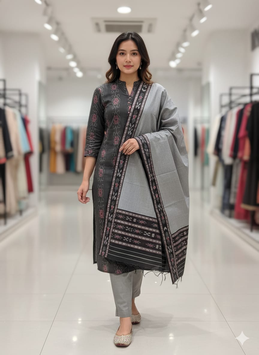 Black Grey Handwoven Odisha Ikat Unstitched Dress Material Set (Top 2.5m, Bottom 2m, Dupatta 2.5m)