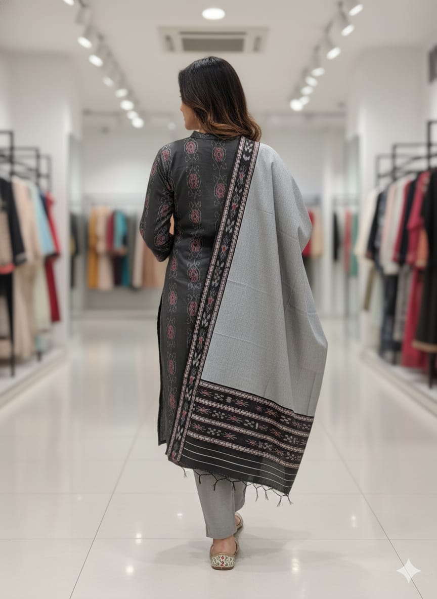 Black Grey Handwoven Odisha Ikat Unstitched Dress Material Set (Top 2.5m, Bottom 2m, Dupatta 2.5m)