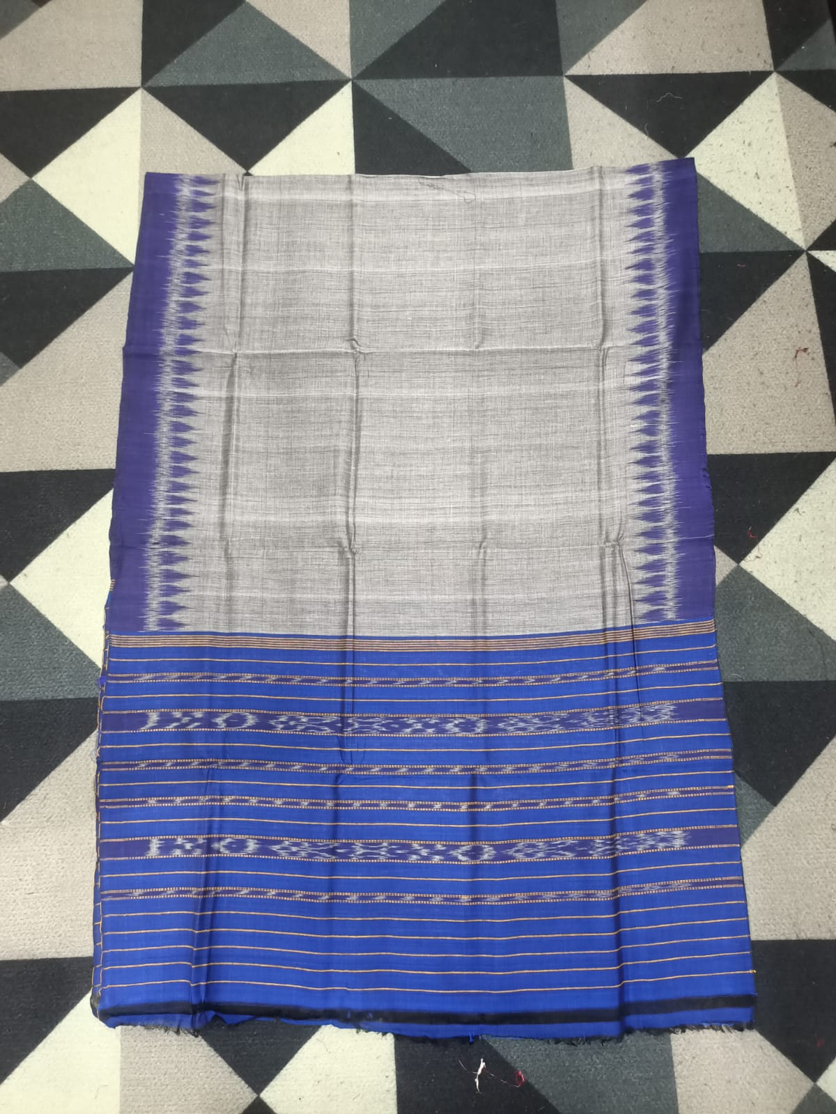 Blue Grey Handwoven Odisha Ikat Unstitched Dress Material Set (Top 2.5m, Bottom 2m, Dupatta 2.5m)