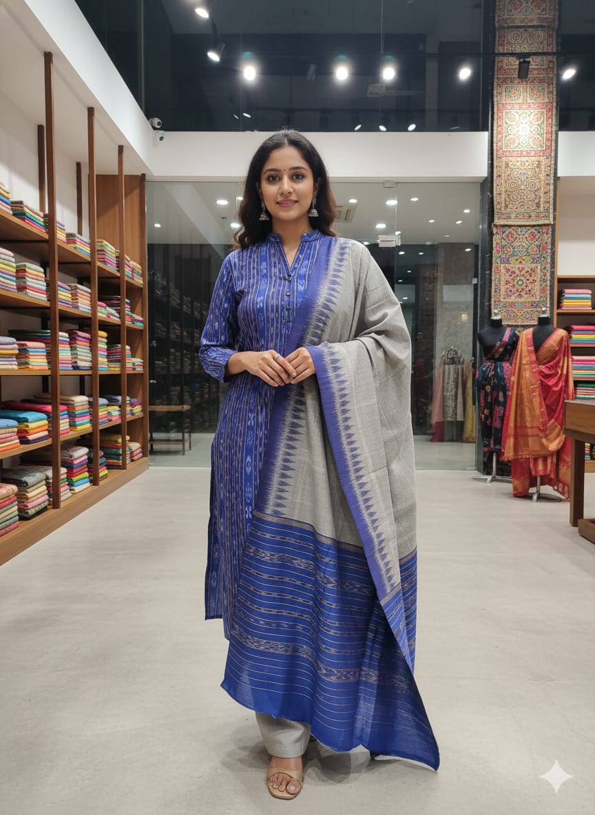 Blue Grey Handwoven Odisha Ikat Unstitched Dress Material Set (Top 2.5m, Bottom 2m, Dupatta 2.5m)