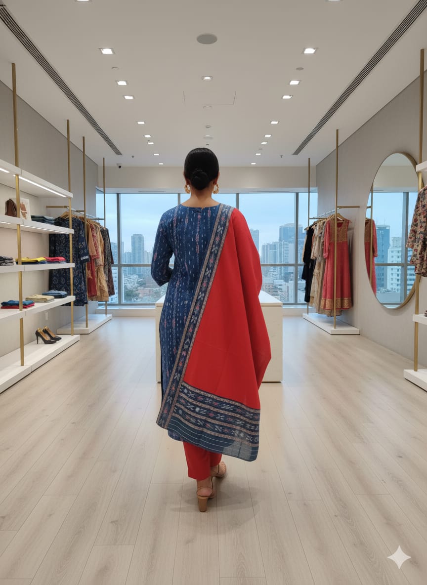 Blue Red Handwoven Odisha Ikat Unstitched Dress Material Set (Top 2.5m, Bottom 2m, Dupatta 2.5m)