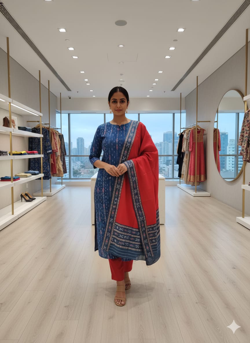 Blue Red Handwoven Odisha Ikat Unstitched Dress Material Set (Top 2.5m, Bottom 2m, Dupatta 2.5m)