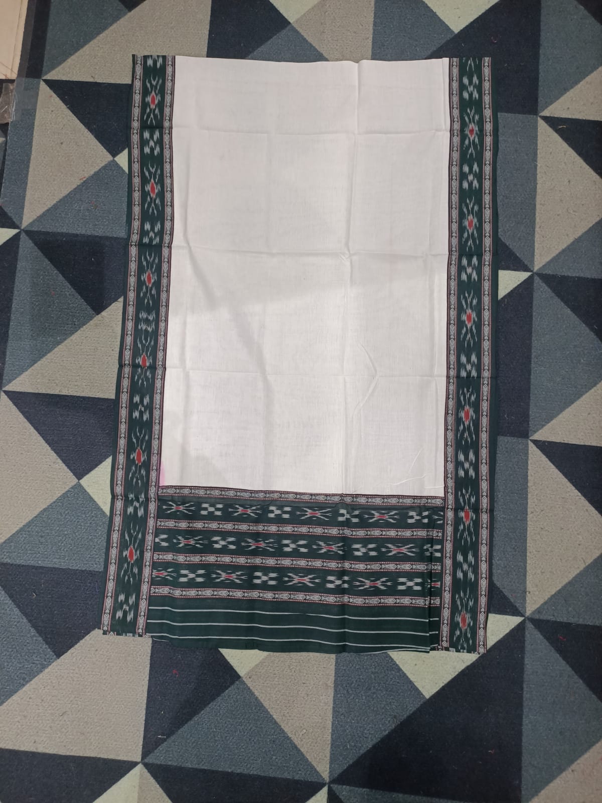Green White Handwoven Odisha Ikat Unstitched Dress Material Set (Top 2.5m, Bottom 2m, Dupatta 2.5m)