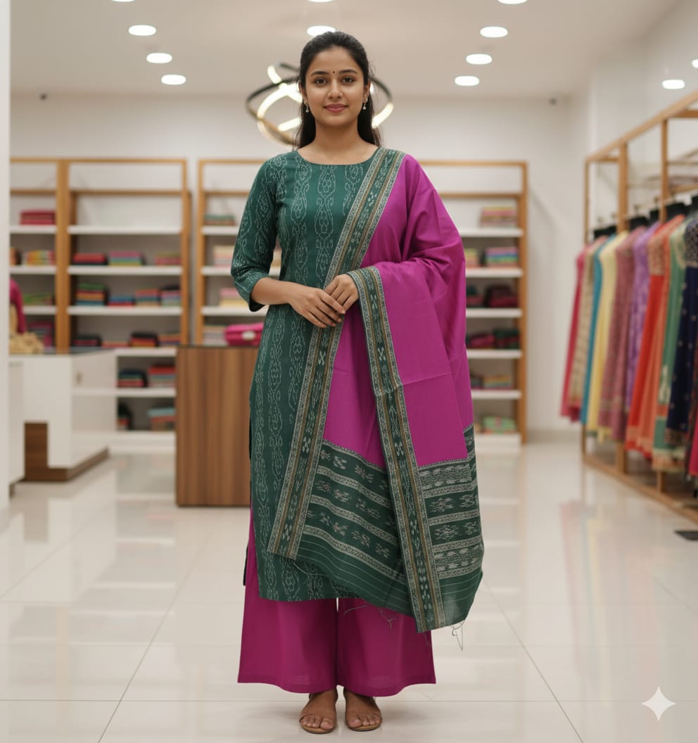 Green Magenta Handwoven Odisha Ikat Unstitched Dress Material Set (Top 2.5m, Bottom 2m, Dupatta 2.5m)