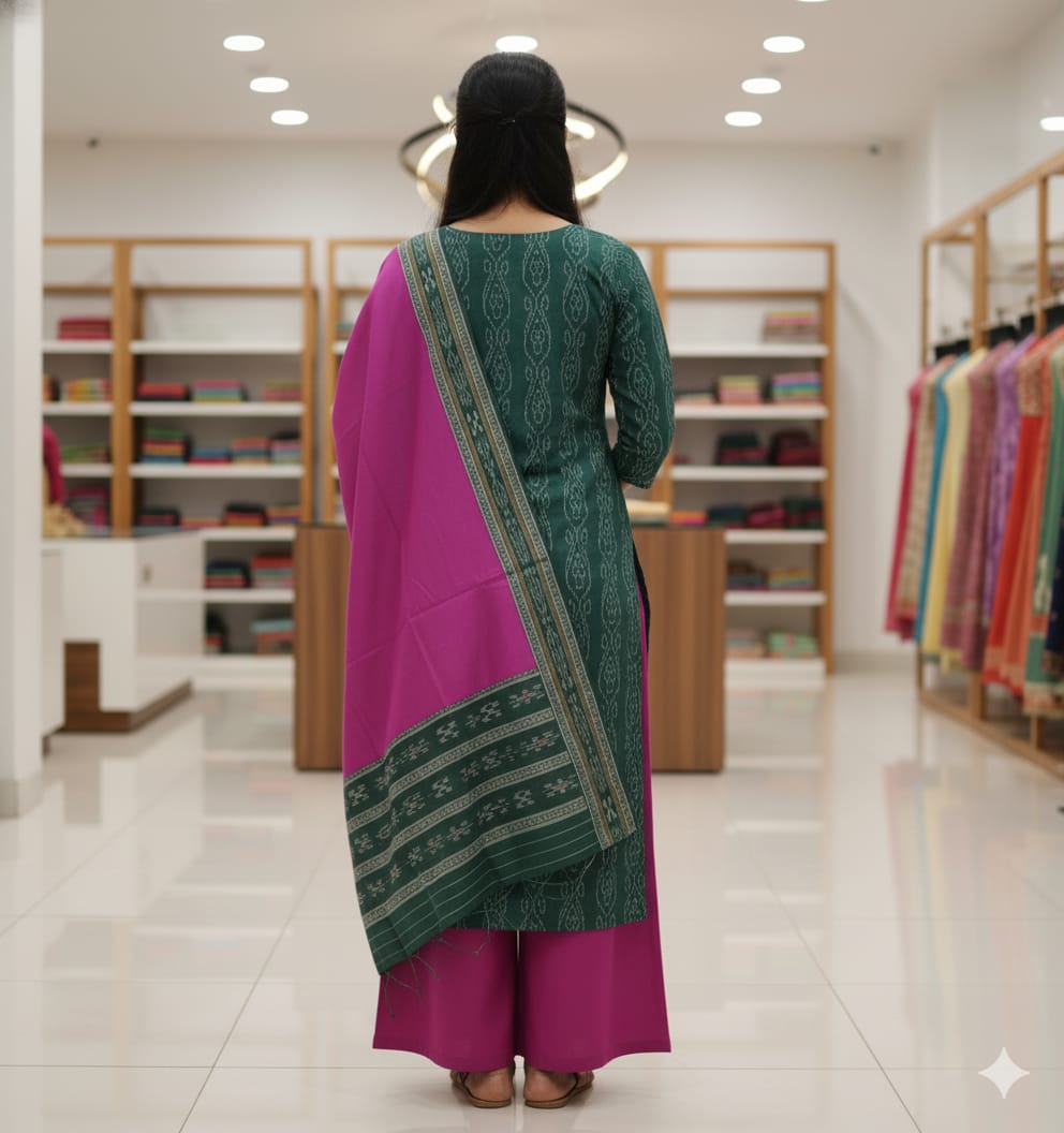 Green Magenta Handwoven Odisha Ikat Unstitched Dress Material Set (Top 2.5m, Bottom 2m, Dupatta 2.5m)