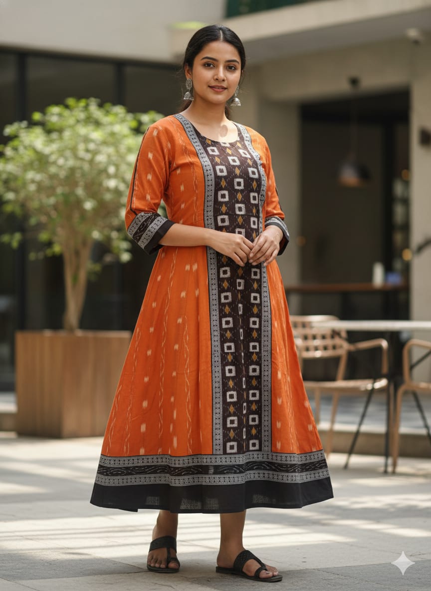 Orange Black Small Pasapali Designer A-Line Anarkali