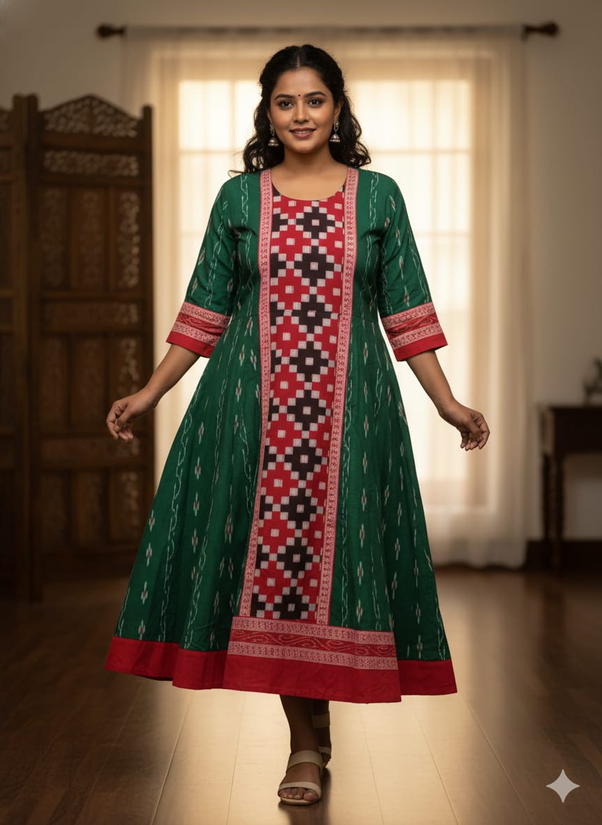 Green Red & Black Pasapali  Designer A-Line Anarkali